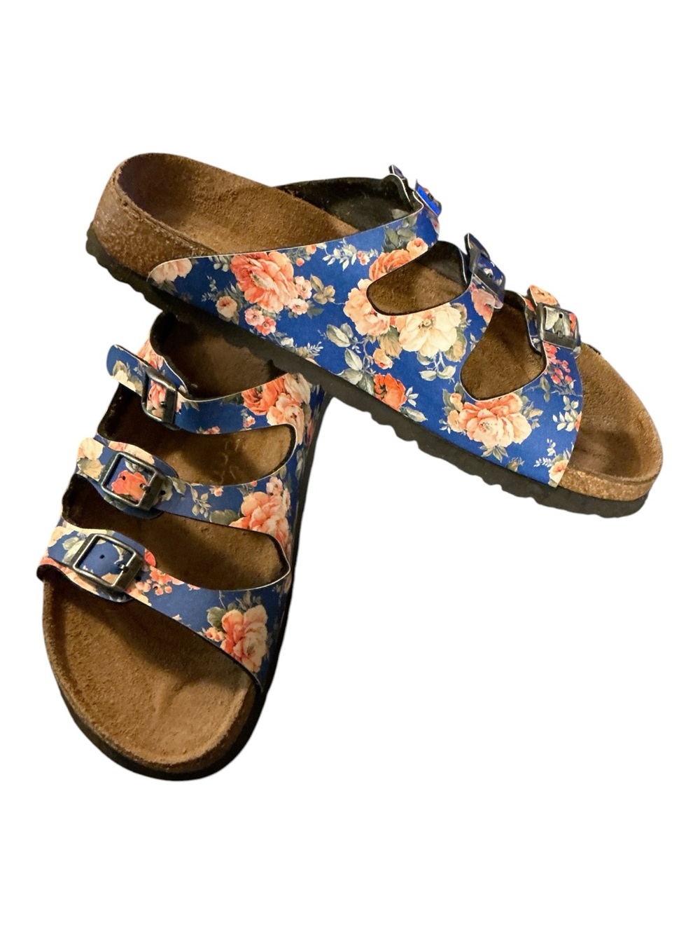 Floral Triple-Buckle Slide Sandals - Blue with Peach Roses